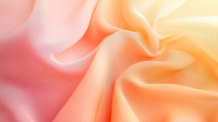 Poster - Elegant background with a smooth gradient transition of pink, orange, and yellow on flowing fabric folds, creating a luxurious and