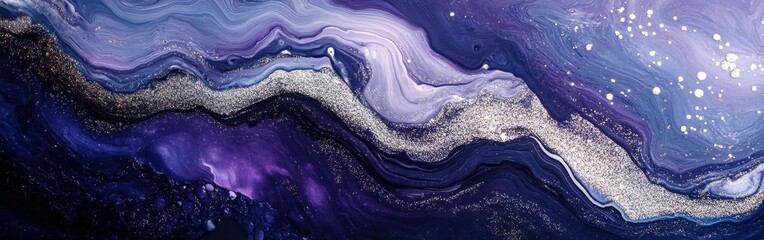 Poster - Fluid artwork featuring deep indigo, rich violet, and shimmering silver layers creating an abstract pattern.