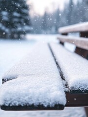 Poster - Snow-covered wooden park bench in winter with falling snow