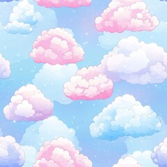 Poster - Pastel sky cartoon with pink and blue fluffy clouds and sparkles with whimsical pattern, dreamy atmosphere for children's background