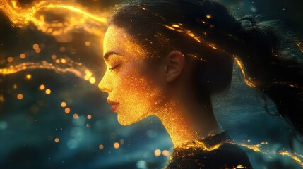 Poster - Glowing Woman Silhouette with Flowing Golden Energy and Dark Hair in Dreamy Blue Atmosphere