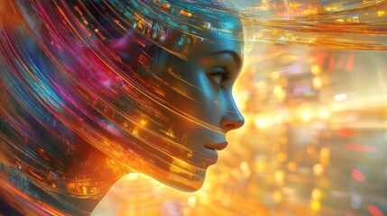 Leinwandbilder - Abstract woman profile with glowing lines and city lights effect on face in profile, digital art style