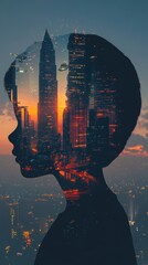 Poster - Child's Silhouette Against a Futuristic Cityscape at Sunset: A Vision of Urban Dreams and Imagination