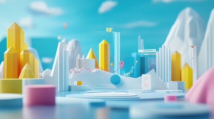 Leinwandbilder - Abstract city skyline with minimalist buildings, data analysis charts, and pastel color palette