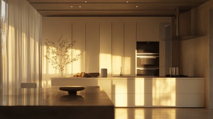 Leinwandbilder - Minimalist Kitchen with Soft-Textured Ceilings and Natural Light Streaming Through Sheer Curtains