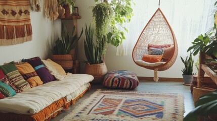 Aufkleber - Cozy bohemian lounge filled with plants and decorative textiles, featuring a hanging chair, floor cushions, and eclectic pillows.