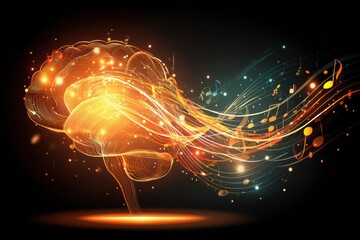 Fototapete - Happy Brain Icon Emanating Vibrant Light and Music Notes in a Joyful Celebration of Creativity and Thought