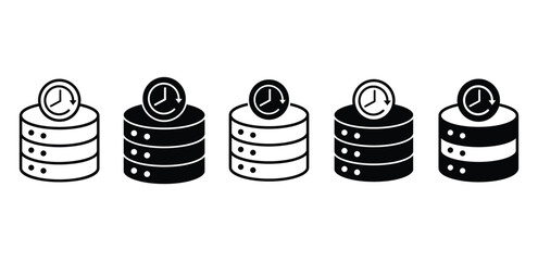 Realtime Database Icon Set Black and White Server with Clock Vector Design Illustration