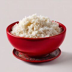Wall Mural - Fluffy white rice served in a vibrant red bowl isolated on transparent background. isolated white background