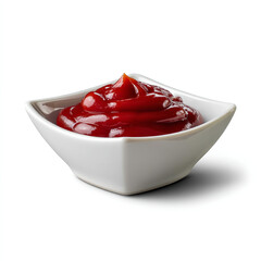Wall Mural - White ceramic square bowl filled with rich red ketchup smooth and glossy texture perfect for condiment or fast food visuals isolated on transparent background. isolated white background