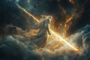 Wall Mural - A celestial warrior holding a sword of pure light, standing in the heavens