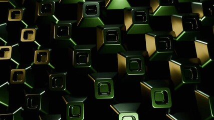 Wall Mural - abstract green and gold metallic cubes digital art 4k animation loop background