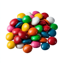 Wall Mural - Scattered colorful candy-coated chocolate pieces in vibrant red yellow green blue pink orange and white glossy shell finish isolated on transparent background. isolated white background