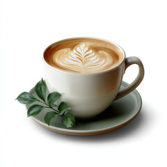 Wall Mural - Creamy latte with leaf latte art in ceramic cup in realistic style isolated on transparent background. isolated white background