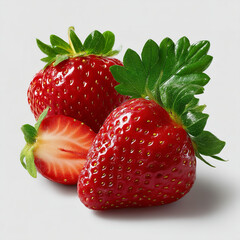 Wall Mural - Fresh whole and halved vibrant red strawberries with glossy surface and green leaves perfect for fruit packaging food ads and healthy eating visuals isolated on transparent background
