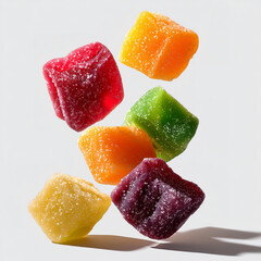 Wall Mural - Colorful sugar-coated jelly cubes floating in mid-air with vibrant red orange yellow green and purple hues isolated on transparent background. isolated white background