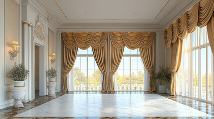 Poster - Luxurious interior design featuring elegant drapes, large windows, and marble flooring. space exudes sophistication and warmth, perfect for events or gatherings