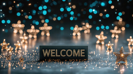 Aufkleber - Welcome sign illuminated by sparkling star particles creates festive atmosphere, perfect for celebrations and gatherings. shimmering lights enhance joyful mood