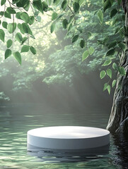Poster - serene white podium surrounded by lush greenery and calm water, creating tranquil atmosphere perfect for presentations or displays. soft light enhances peaceful setting