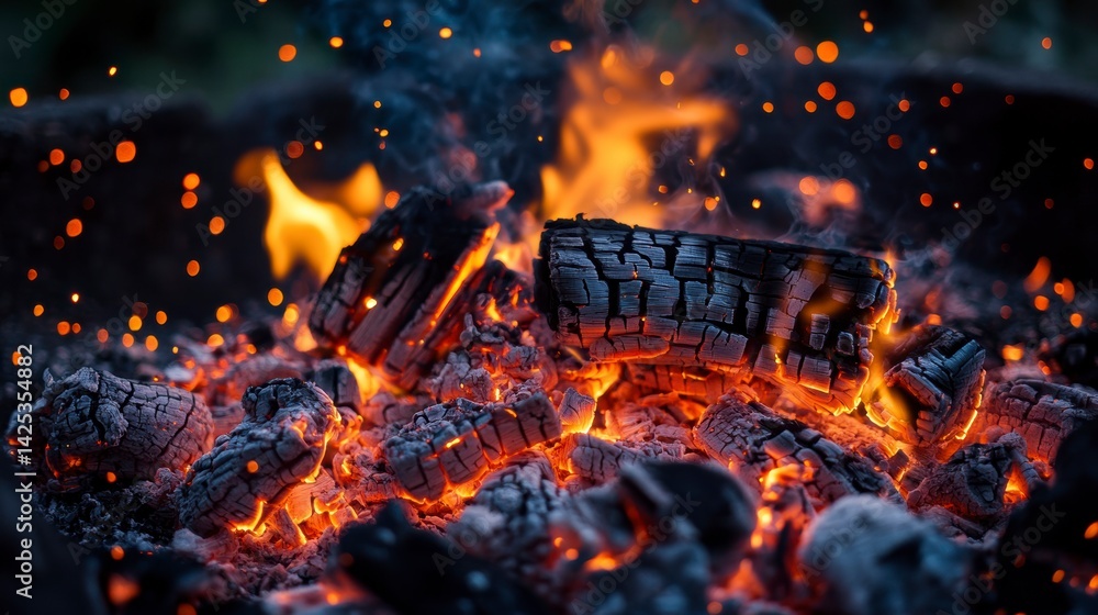 Embers glowing in a bonfire at night, sparks flying. Stock Photo ...