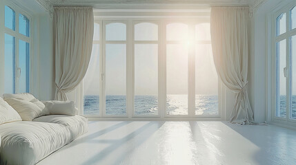 Poster - serene interior space featuring large windows that offer stunning view of ocean. room is bright and airy, with soft curtains and comfortable sofa, creating peaceful atmosphere