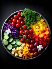 Leinwandbilder - Fresh Salad Bowl With Colorful Ingredients Arranged Artistically and a Medical Cross Shadow Created by Overhead Light