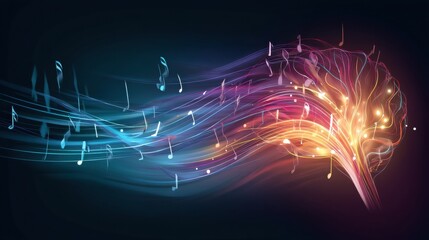 Fototapete - Creative Representation of a Happy Brain With Music Notes and Vibrant Light Flow Embodying Joy and Inspiration