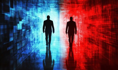 Wall Mural - silhouetted figures walking through contrasting blue and red digital environments