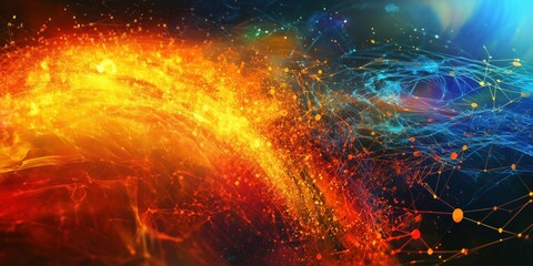 Wall Mural - abstract digital art depicting vibrant orange and blue energy waves and connections