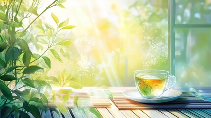 Wall Mural - sunlight streams through a window, illuminating a cup of green tea and lush greenery.