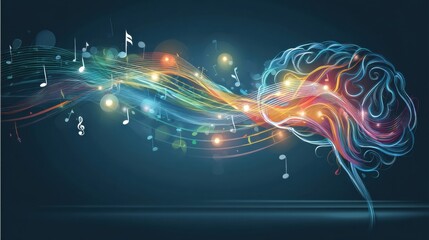 Fototapete - Happy Brain Icon Radiating Music Notes and Bright Light Flow, Showcasing Creativity and Joyful Energy in a Vibrant, Colorful Display of Artistic Expression