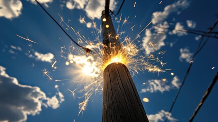 Wall Mural - abstract view of electrical sparks radiating from a power line on a wooden pole, the bright light co