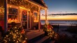 © Dara - A coastal house with Christmas lights and decorations, with the beach visible outside the window.