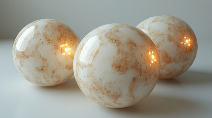 Poster - Three realistic, glowing stress relief balls with marbled pattern are placed on smooth surface, creating calming and serene atmosphere. soft lighting enhances their glossy texture