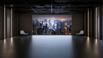 Poster - Minimalist futuristic conference room, holographic display projecting a cityscape, walls adorned with abstract glowing digital data patterns. Innovation and technology meeting