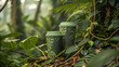 © Dmytro - Latte cups blend seamlessly with vibrant jungle vines and lush green foliage in a tranquil setting