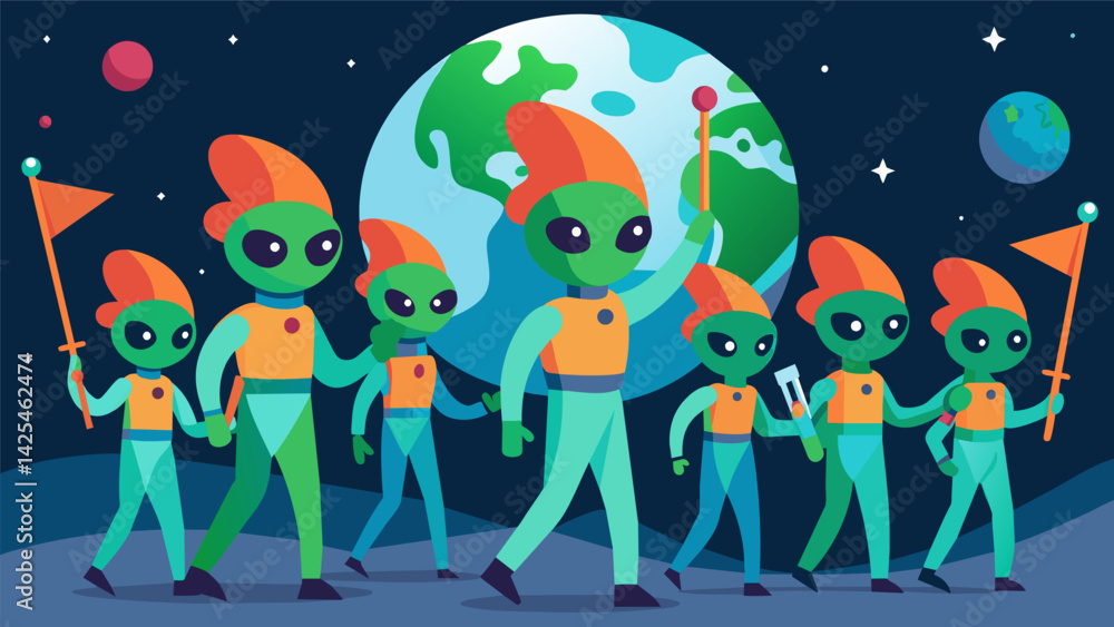 A group of performers dressed as aliens march in the parade claiming ...