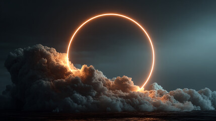 Wall Mural - dark sky, a golden neon halo encircles ethereal, swirling clouds
