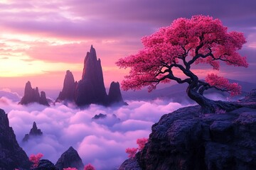 Wall Mural - beautiful fantasy tree with pink leaves, growing on top of the mountain above the clouds, with a pur