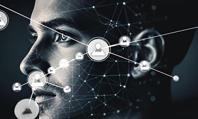 Sticker - networked face. profile view with connected nodes over face
