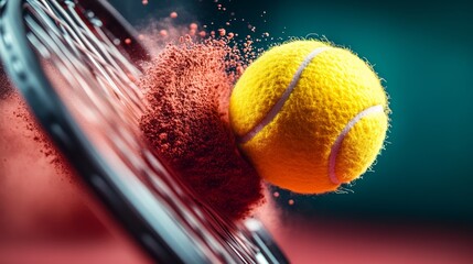 Tennis ball is in the air and is about to hit a tennis racket. The racket is in the air as well, and the ball is about to hit it