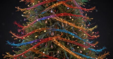 A dazzling array of colored wires forms a festive Christmas tree, brilliantly lit , tree, illuminated