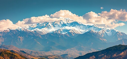 Wall Mural - beautiful view of the majestic snow-capped peak with clouds on top in the himalayas, conceptual phot