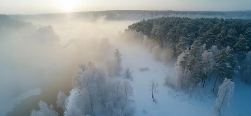 Wall Mural - beautiful winter landscape with trees and a river, foggy sunrise, frosty morning in russia, panorami