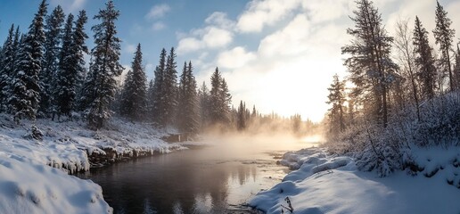 Wall Mural - beautiful winter landscape with trees and a river, foggy sunrise, frosty morning in russia, panorami