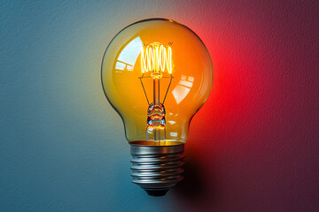 Leinwandbilder - A glowing vintage light bulb emits warm light against a colorful wall, symbolizing innovation and creativity in design.