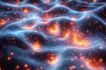 Fototapete - A mesmerizing close-up of illuminated particles in a wave-like formation, showcasing the beauty of science and abstract concepts.