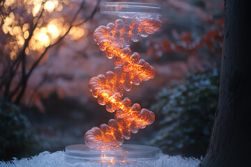 Aufkleber - A stunning visual of a spiraled sculpture illuminated by warm light, set against a natural backdrop at twilight, showcasing creativity.