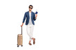 © deagreez - Full length body size view of nice attractive stylish cheerful cheery tourist wearing blue checked blazer holding in hands documents departure destination isolated over light white pastel background