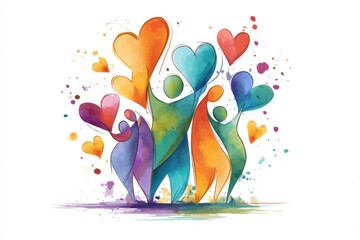 Aufkleber - Colorful Abstract Depiction of a Hug Icon With Human Shapes and Vibrant Hearts Celebrating Togetherness and Love in a Joyful Design